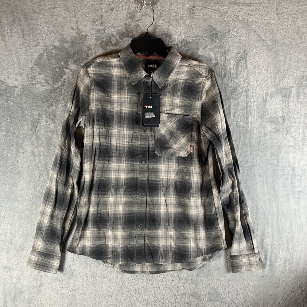 Bass Women's Shirt S Flannel Button Up Long Sleeve Plaid Camping Hiking Gray NWT